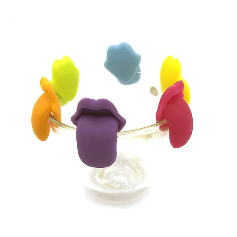 6Pcs Wine Glass Marker Wine Charms Glasses Identifier Marker Cups Glasses Markers Silicone Glass Brand Tongue Shape Glasses Tags