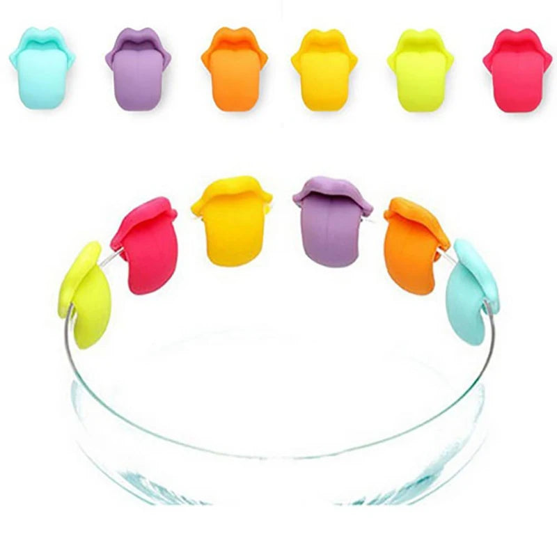 6Pcs Wine Glass Marker Wine Charms Glasses Identifier Marker Cups Glasses Markers Silicone Glass Brand Tongue Shape Glasses Tags