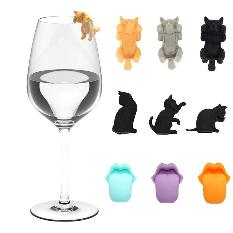 6Pcs Wine Glass Marker Wine Charms Glasses Identifier Marker Cups Glasses Markers Silicone Glass Brand Tongue Shape Glasses Tags