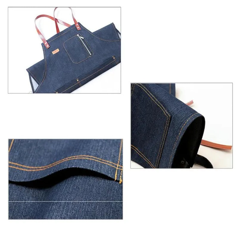 Denim Bib Apron PU Leather Straps Barber Barista Florist Bartender Chef Uniforms Carpenter Baker Home