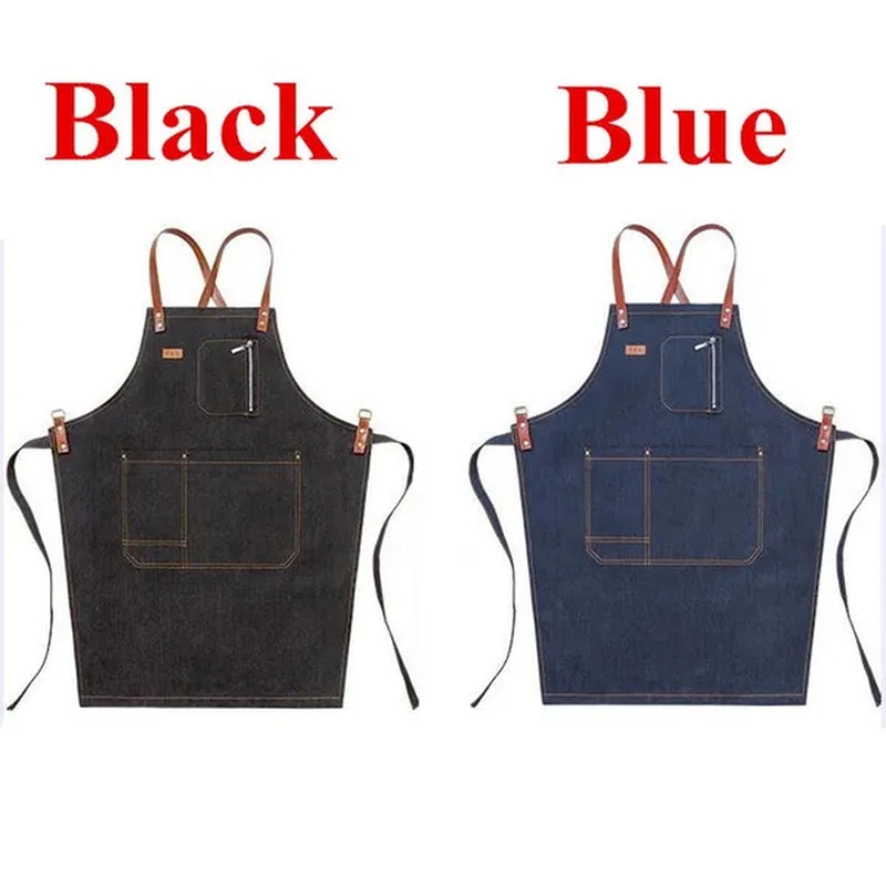 Denim Bib Apron PU Leather Straps Barber Barista Florist Bartender Chef Uniforms Carpenter Baker Home