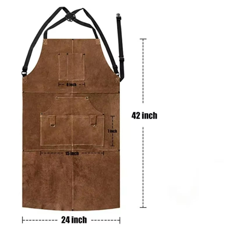 Cowhide Leather Work Shop Apron with 6 Tool Pockets Heat & Flame Resistant Durable Heavy Duty Welding Apron for Men Women