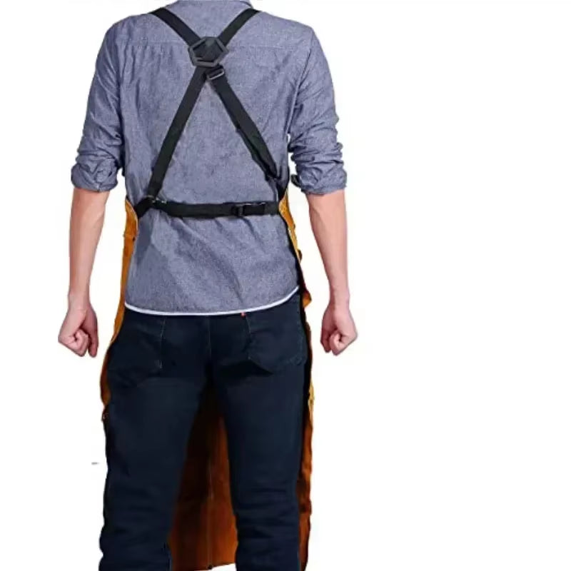 Cowhide Leather Work Shop Apron with 6 Tool Pockets Heat & Flame Resistant Durable Heavy Duty Welding Apron for Men Women