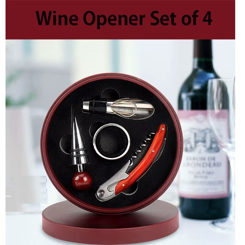 Wine Opener Set, Wine Accessories Wine Opener Kit Gift Set with Wood Case, 4-Piece Set of Wine Accessories with Wooden Box