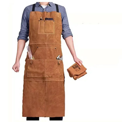 Cowhide Leather Work Shop Apron with 6 Tool Pockets Heat & Flame Resistant Durable Heavy Duty Welding Apron for Men Women