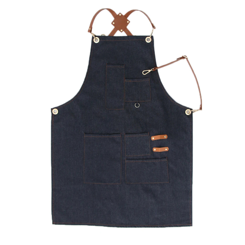 Multi Pockets Denim Bib Apron Barista Baker Bartender Chef Work Uniform Cook