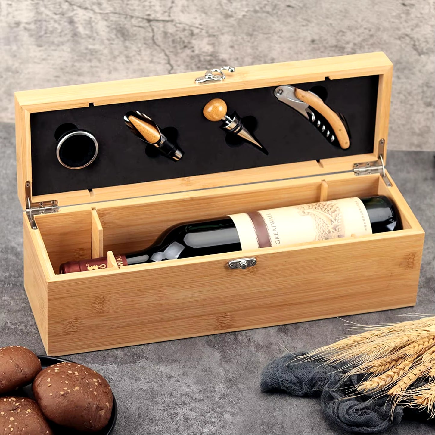 Wine Box with 4 Wine Accessories Set Wine Gift for Men&Women Bamboo Wine Case with Tool Set Wine Storage Box Gift for Wine Lover