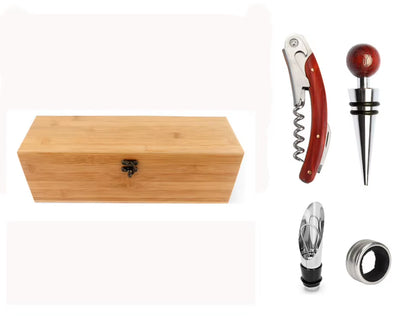 Wine Box with 4 Wine Accessories Set Wine Gift for Men&Women Bamboo Wine Case with Tool Set Wine Storage Box Gift for Wine Lover