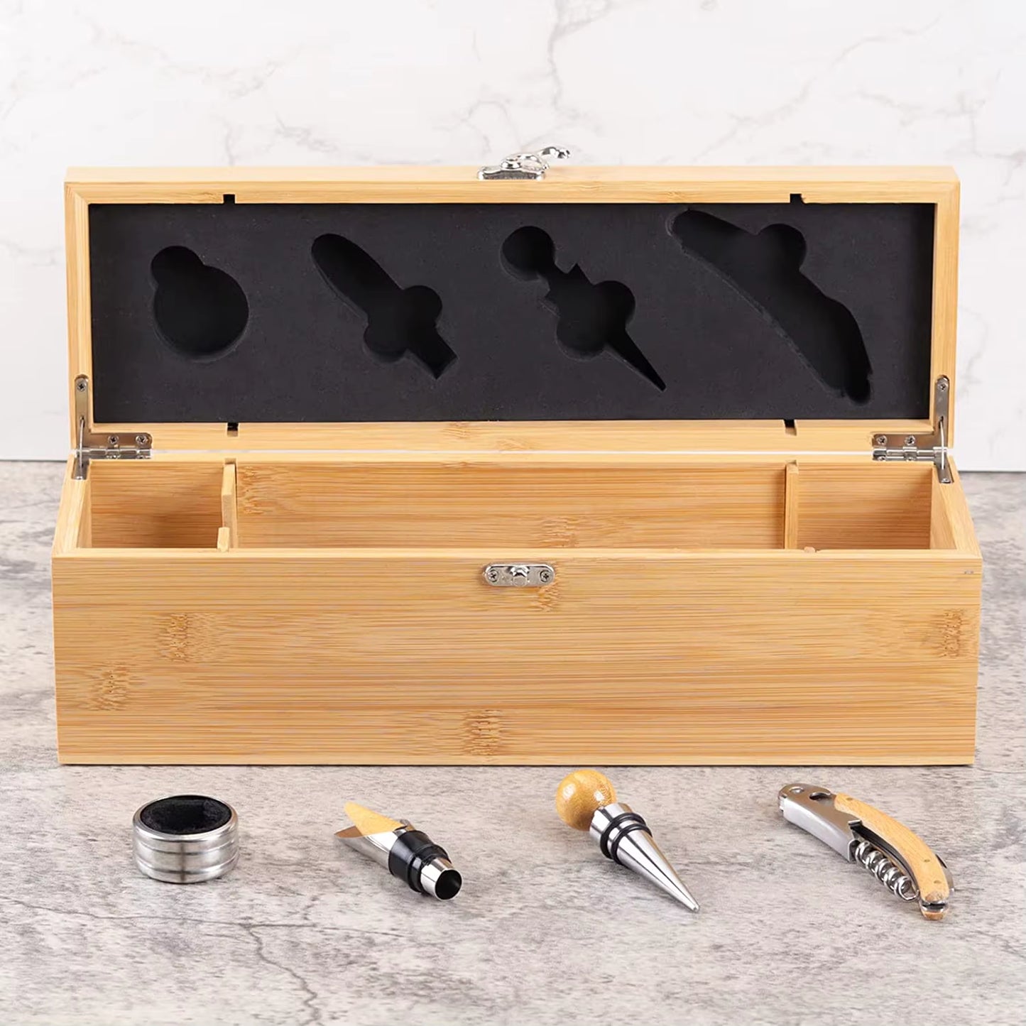 Wine Box with 4 Wine Accessories Set Wine Gift for Men&Women Bamboo Wine Case with Tool Set Wine Storage Box Gift for Wine Lover