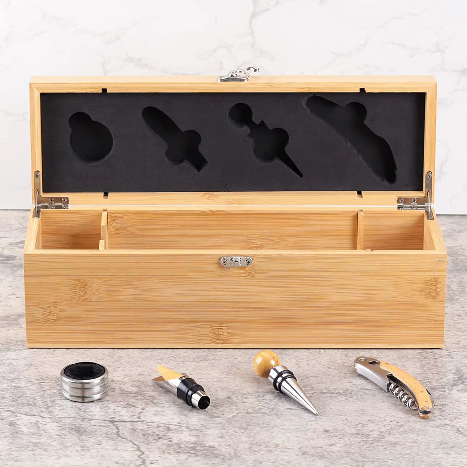 Wine Box with 4 Wine Accessories Set Wine Gift for Men&Women Bamboo Wine Case with Tool Set Wine Storage Box Gift for Wine Lover