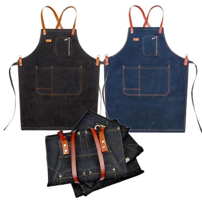 Denim Bib Apron PU Leather Straps Barber Barista Florist Bartender Chef Uniforms Carpenter Baker Home