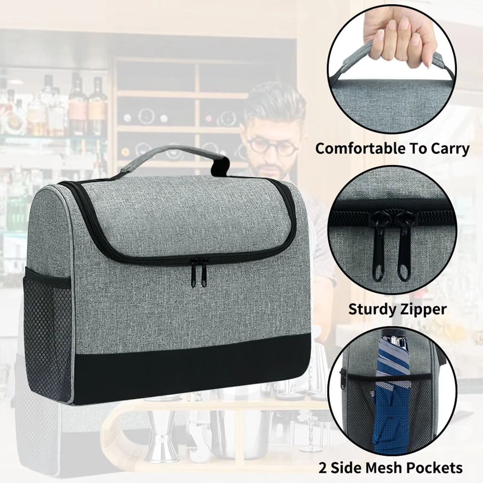 Portable Travel Bar Carrier for Bar Kit Cocktail Shaker Tool Set Travel Carrying Bag with Handle Bartender Bag