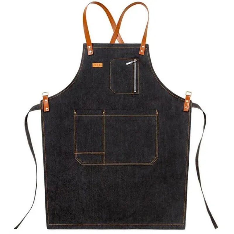 Denim Bib Apron PU Leather Straps Barber Barista Florist Bartender Chef Uniforms Carpenter Baker Home