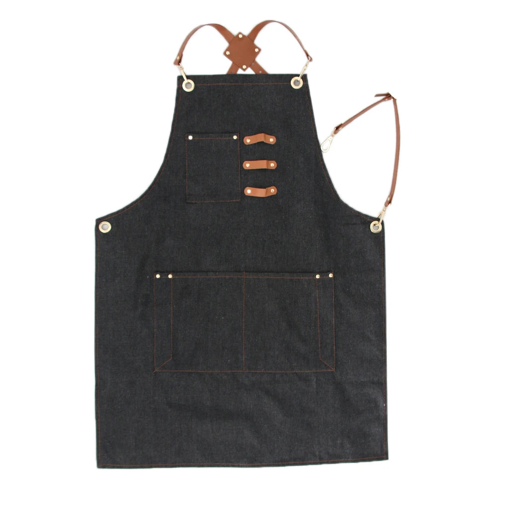 Multi Pockets Denim Bib Apron Barista Baker Bartender Chef Work Uniform Cook