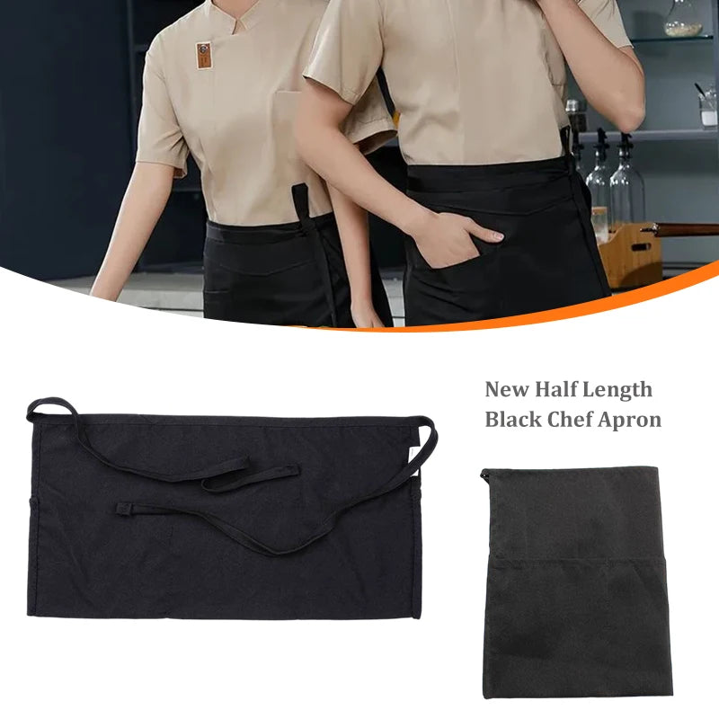 Black Half-Length Apron with Pockets Women Waitress Antifouling Work Coffee Tea Shop Cafe Cooking Kitchen Men Short Waist Aprons