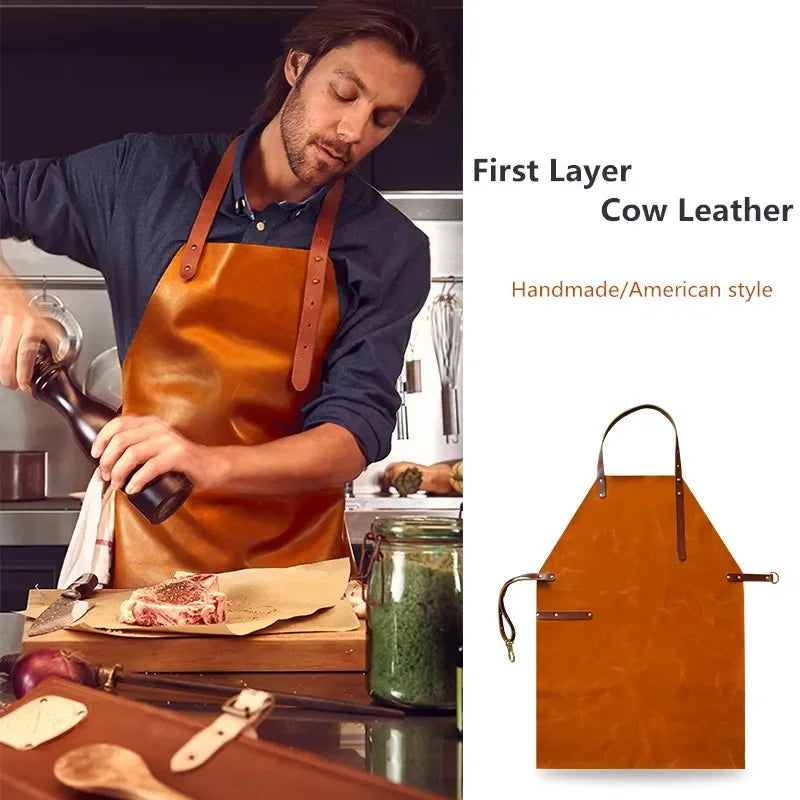 Genuine Leather Apron Top Layer Cow Leather Handmade American Water Oil Proof Fashion Kitchen Bartender Barista Craftsman Apron