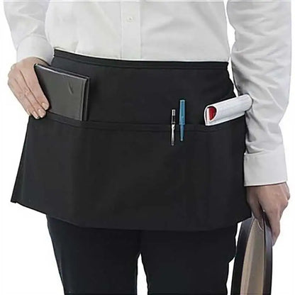 Black Half-Length Apron with Pockets Women Waitress Antifouling Work Coffee Tea Shop Cafe Cooking Kitchen Men Short Waist Aprons