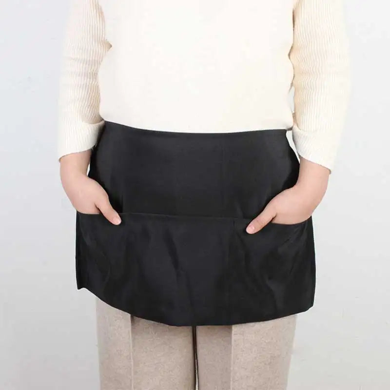 Black Half-Length Apron with Pockets Women Waitress Antifouling Work Coffee Tea Shop Cafe Cooking Kitchen Men Short Waist Aprons