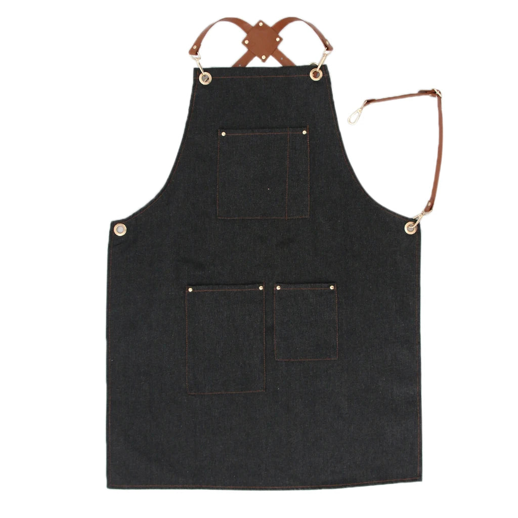 Multi Pockets Denim Bib Apron Barista Baker Bartender Chef Work Uniform Cook