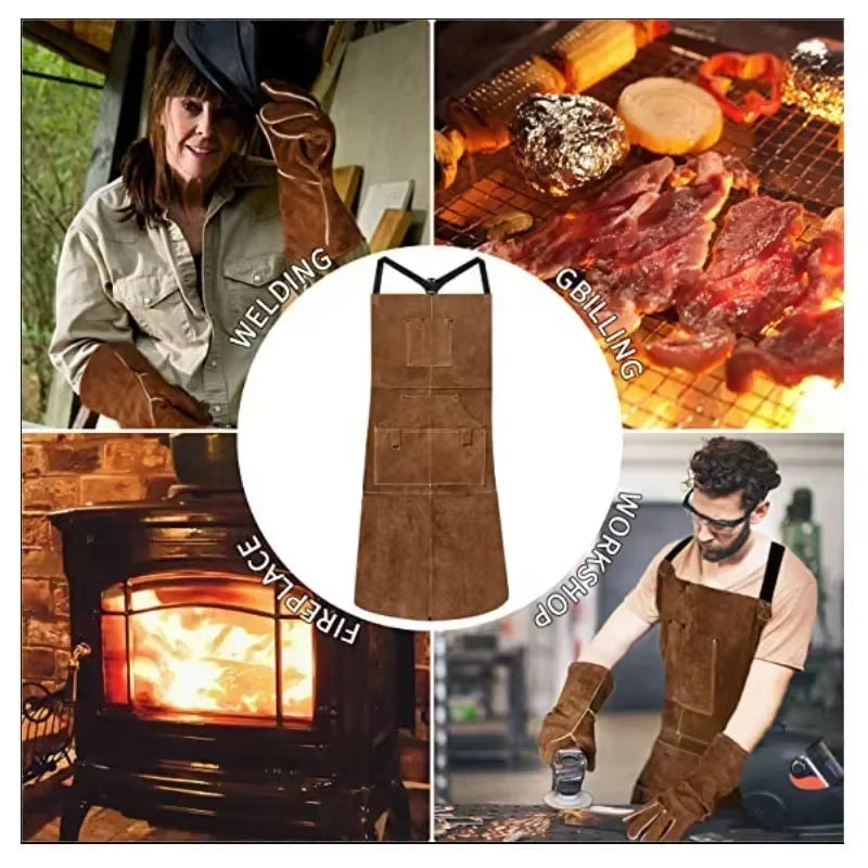 Cowhide Leather Work Shop Apron with 6 Tool Pockets Heat & Flame Resistant Durable Heavy Duty Welding Apron for Men Women