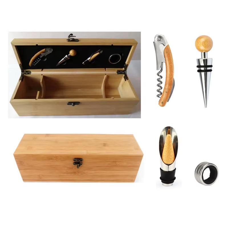 Wine Box with 4 Wine Accessories Set Wine Gift for Men&Women Bamboo Wine Case with Tool Set Wine Storage Box Gift for Wine Lover