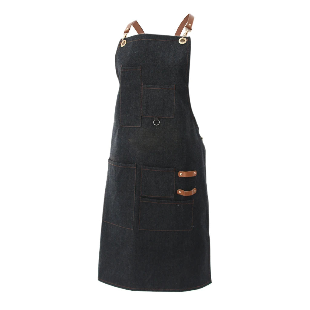 Multi Pockets Denim Bib Apron Barista Baker Bartender Chef Work Uniform Cook