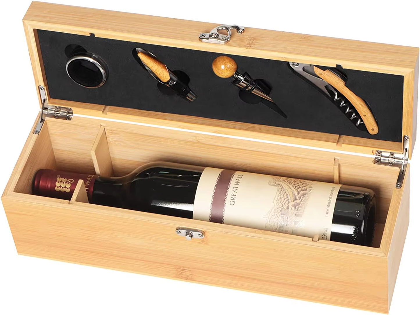 Wine Box with 4 Wine Accessories Set Wine Gift for Men&Women Bamboo Wine Case with Tool Set Wine Storage Box Gift for Wine Lover