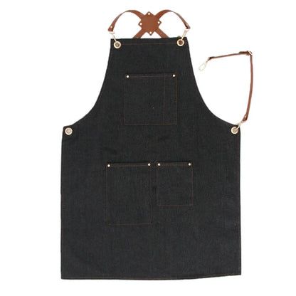 Multi Pockets Denim Bib Apron Barista Baker Bartender Chef Work Uniform Cook