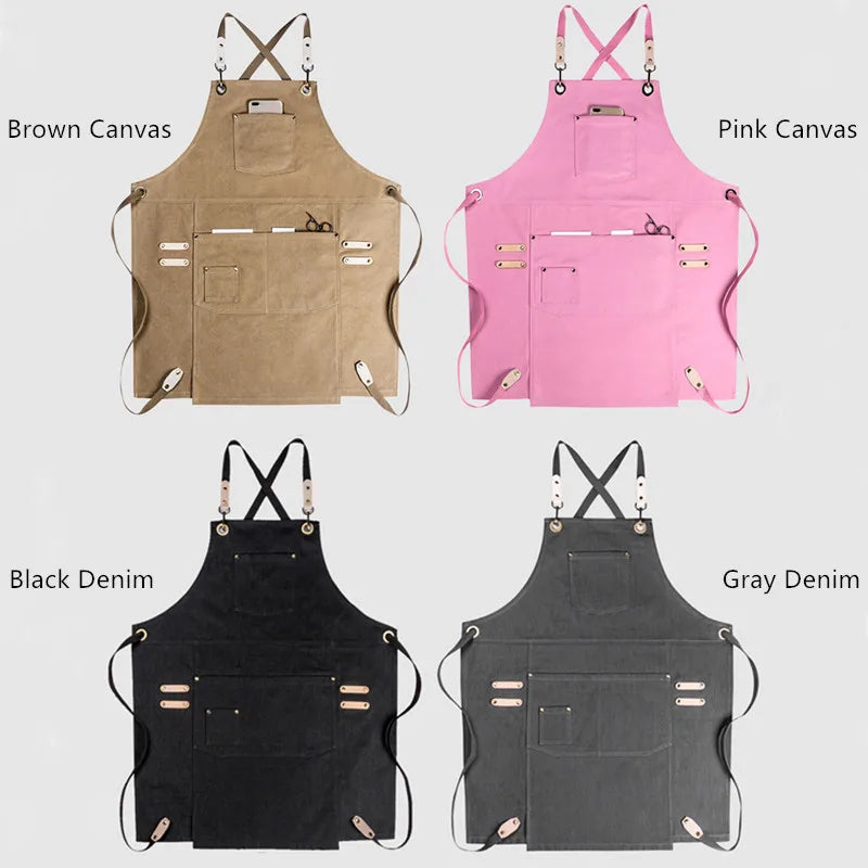 Black Gray Denim Pink Brown Canvas Apron Cafe Barista Bartender Restaurant Pastry Chef Uniform Florist Hairdresser Workwear E70