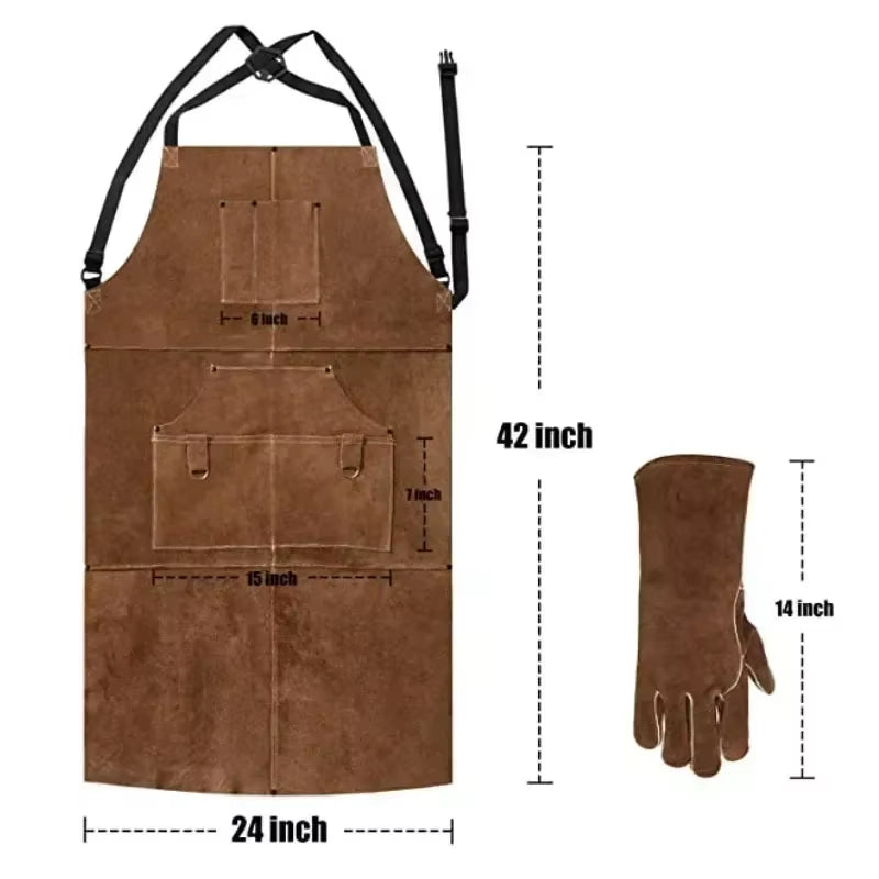 Cowhide Leather Work Shop Apron with 6 Tool Pockets Heat & Flame Resistant Durable Heavy Duty Welding Apron for Men Women