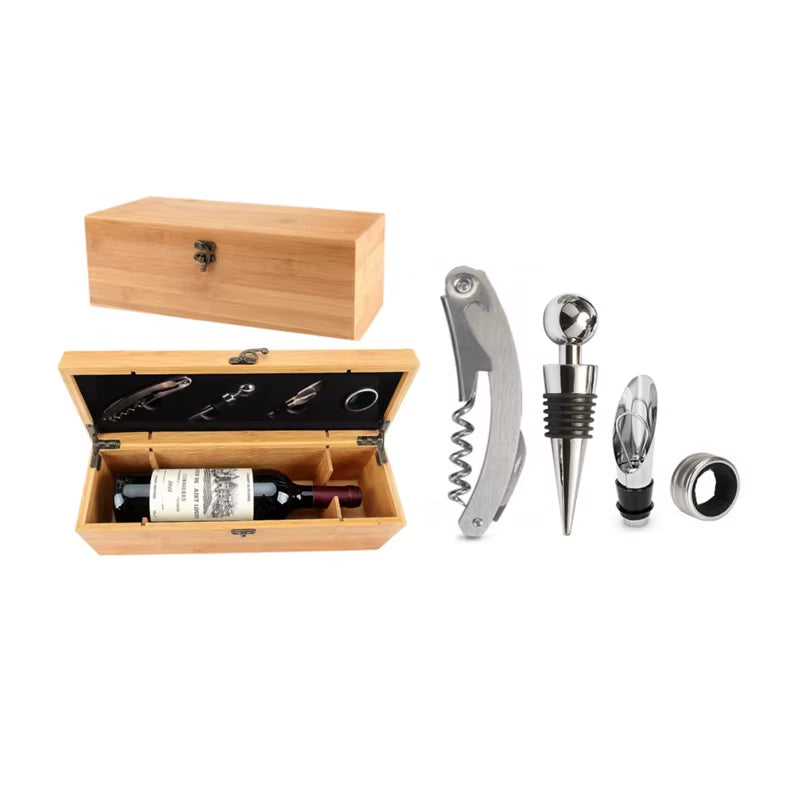 Wine Box with 4 Wine Accessories Set Wine Gift for Men&Women Bamboo Wine Case with Tool Set Wine Storage Box Gift for Wine Lover