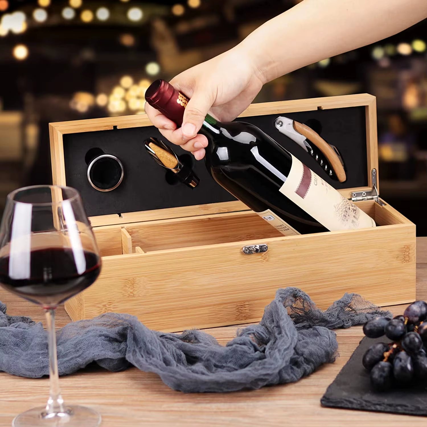 Wine Box with 4 Wine Accessories Set Wine Gift for Men&Women Bamboo Wine Case with Tool Set Wine Storage Box Gift for Wine Lover