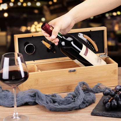 Wine Box with 4 Wine Accessories Set Wine Gift for Men&Women Bamboo Wine Case with Tool Set Wine Storage Box Gift for Wine Lover